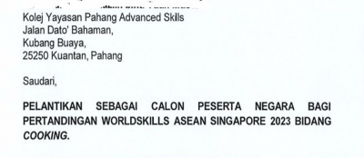FATIN DIPILIH MEWAKILI NEGARA DALAM WORLDSKILLS ASEAN SINGAPORE 2023